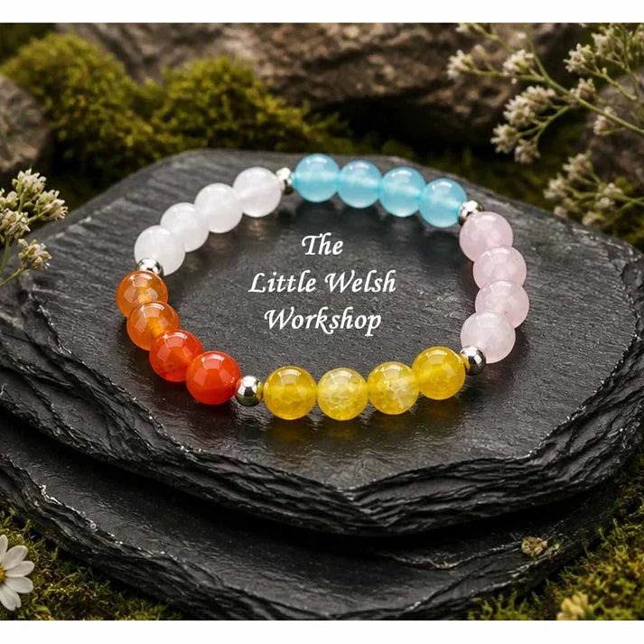 Multi stone bracelet in blocks of colour with metal spacers