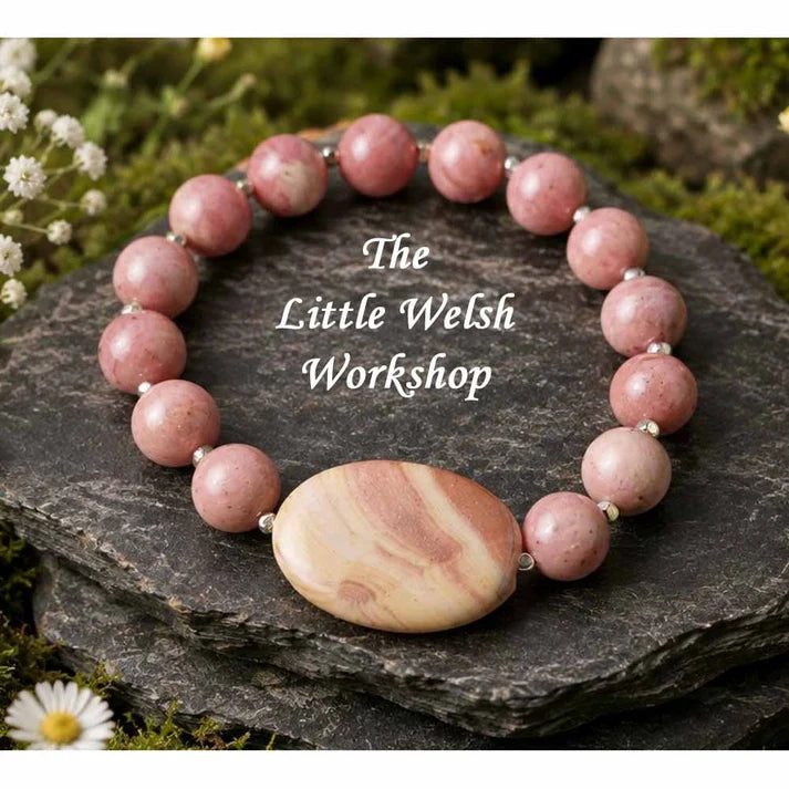 Rhodonite beads (8mm) with rainbow jasper feature stone